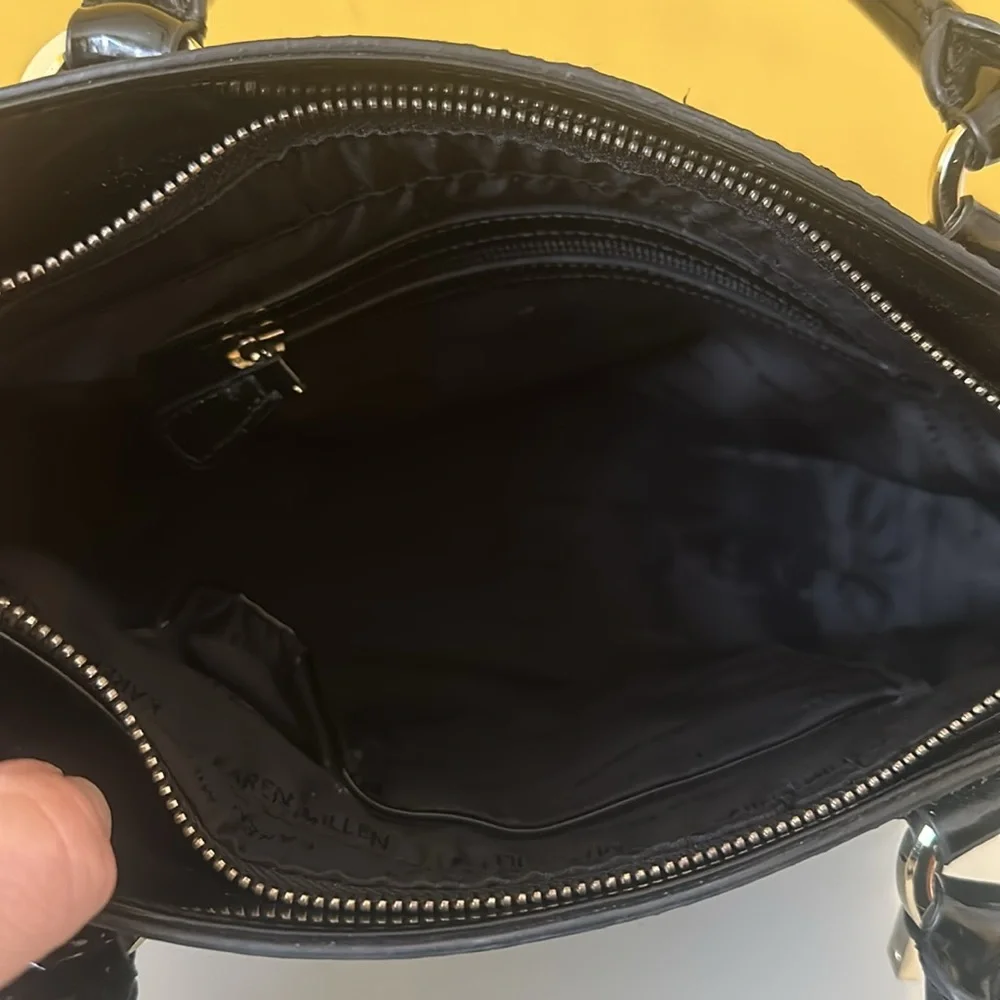 Karen Millen Black Patent Leather Structured Satchel Double Handle Tote Bag